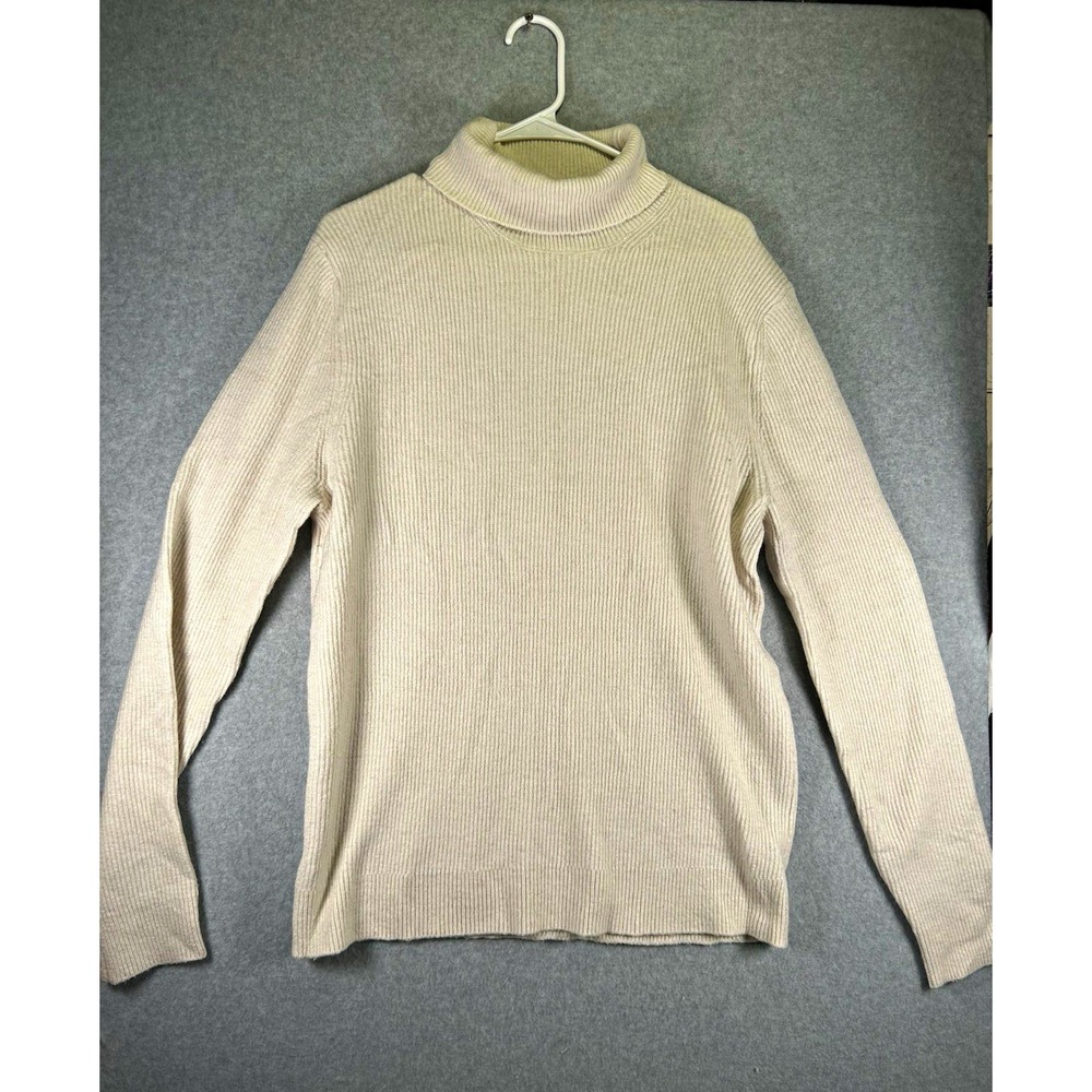 MNG Womens L Beige Ribbed Knit Turtleneck Long Sleeve Pullover Sweater